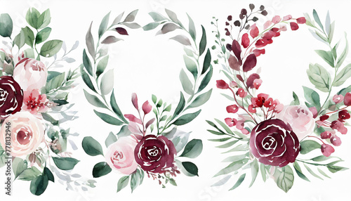 Watercolor floral wreath border bouquet frame collection set green leaves burgundy maroon scarlet pink peach blush white flowers leaf branches. Wedding invitations stationery wallpapers fashion prints photo