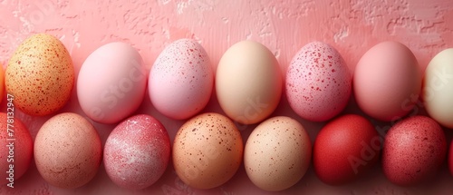 a row of eggs with speckles on them in front of a pink wall and a pink wall behind them.