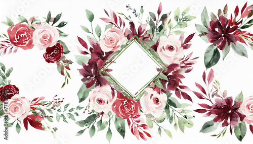 Watercolor floral wreath border bouquet frame collection set green leaves burgundy maroon scarlet pink peach blush white flowers leaf branches. Wedding invitations stationery wallpapers fashion prints photo