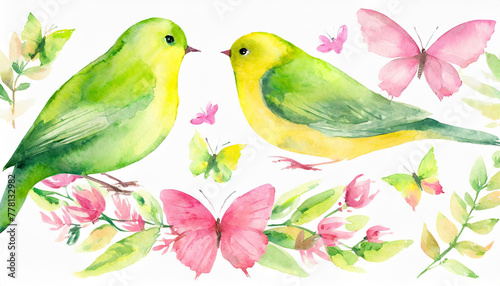 Watercolor green and yellow birds and pink butterflies. vintage set © Merlin