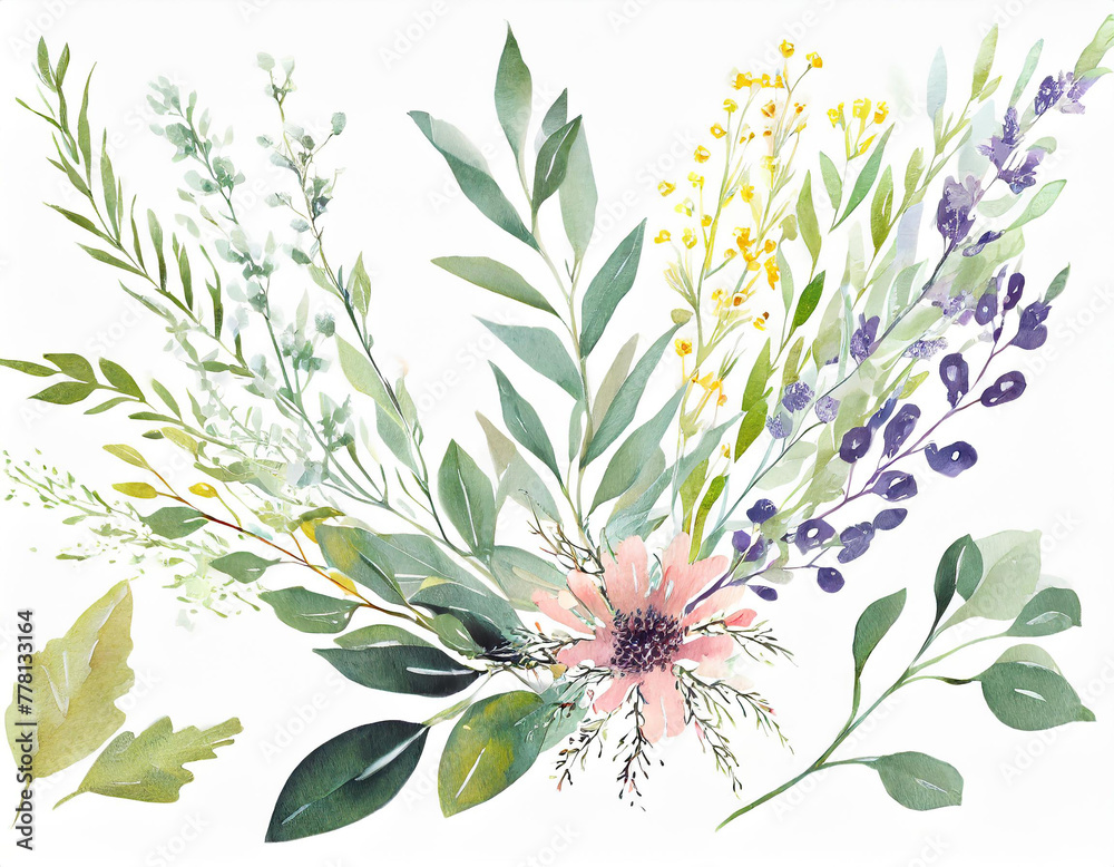 Wild field herbs flowers. Watercolor floral collection set - bouquets, borders, frames. Illustration green leaves, branches.. Wedding stationery, wallpapers, fashion, backgrounds.