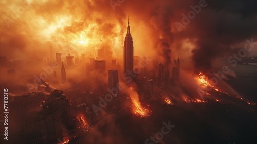 Inferno Cityscape. A city skyline ablaze  skyscrapers silhouetted against an ominous orange glow. The beginning of the apocalypse. Fires. Natural disasters