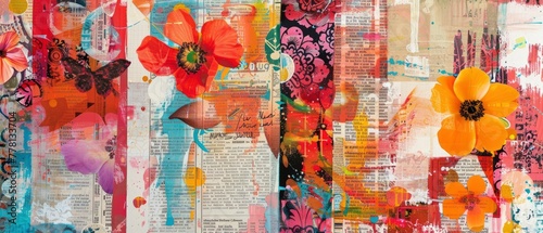flowery patterns, vibrant colors, mixed-media artwork, and newspaper collage patterns