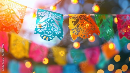  colourful paper cut art hanging decorations with string light blurred bokeh light background © Image