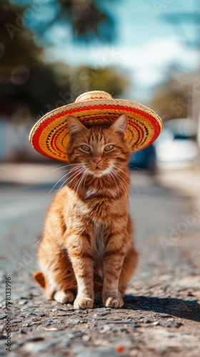 In the middle of a Mexican city road, an orange cat wearing a Mexican hat blurred background