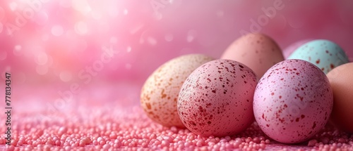 a group of eggs sitting next to each other on a pink surface with pink and white speckles around them.