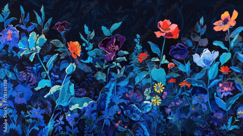 At night, shadows turn into flowers, a nocturnal garden growing from the shadows.