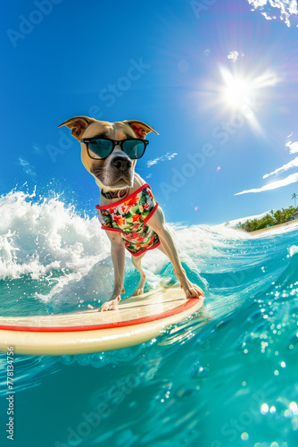 A very cute dog wearing floral shorts and sunglasses, standing on a surfboard, riding a wave © Erik González
