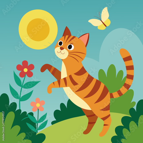 Charming scene of a playful tabby cat chasing a fluttering butterfly through a sun-dappled garden