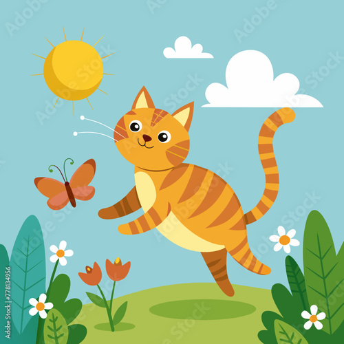 Charming scene of a playful tabby cat chasing a fluttering butterfly through a sun-dappled garden