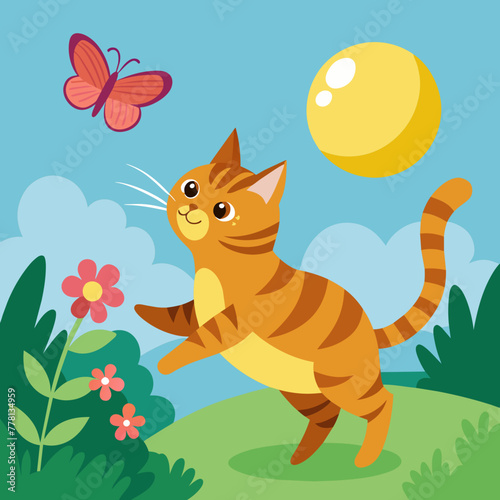 Charming scene of a playful tabby cat chasing a fluttering butterfly through a sun-dappled garden