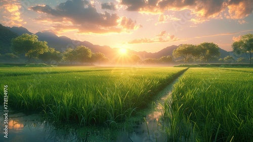dawn sun in a paddy field in spring photo