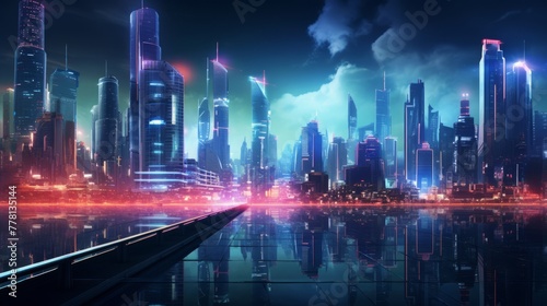 A futuristic cityscape with neon lights at night