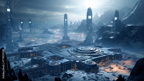 A futuristic space colony on a distant planet with advanced technology photo