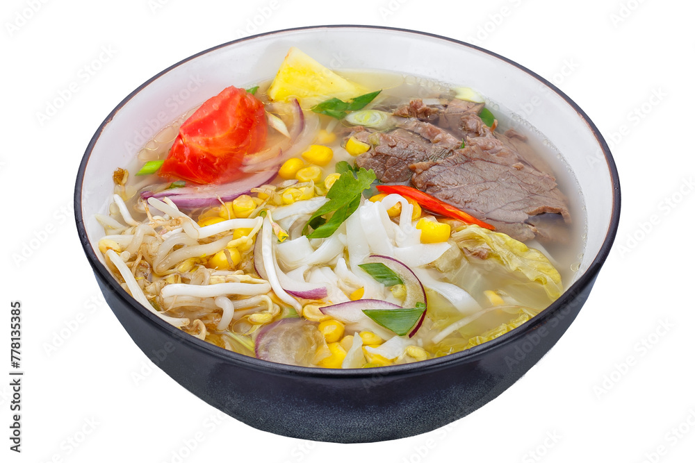 Thai style noodle soup with beef and vegetables isolated on white background Thai style noodle soup with beef and vegetables isolated on white background