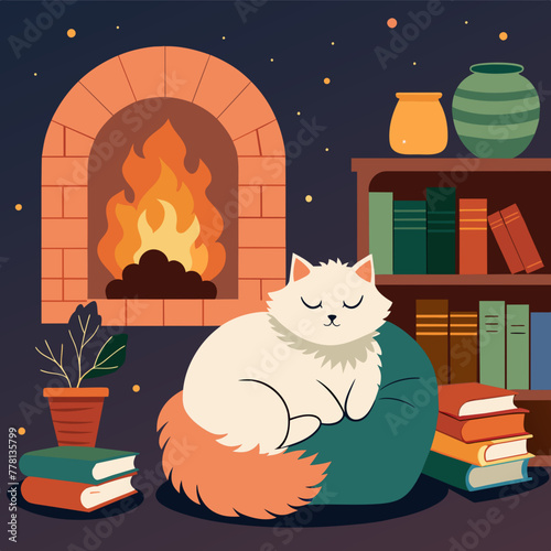 Cozy indoor setting with a fluffy Persian cat curled up lazily by a crackling fireplace, surrounded by stacks of books