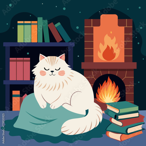 Cozy indoor setting with a fluffy Persian cat curled up lazily by a crackling fireplace, surrounded by stacks of books