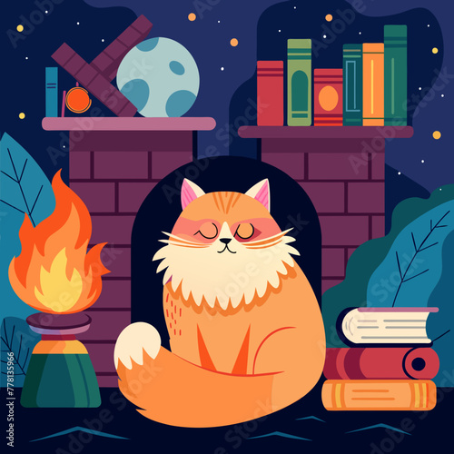 Cozy indoor setting with a fluffy Persian cat curled up lazily by a crackling fireplace, surrounded by stacks of books