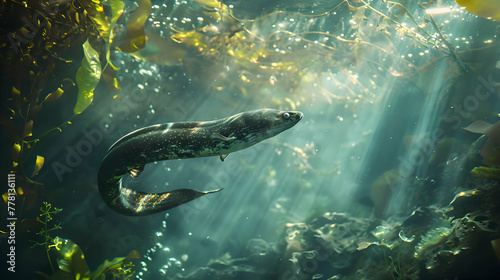 A breathtaking scene capturing the graceful movement of a Moray eel as it navigates through a sun-dappled underwater paradise, with ample copy space for text photo