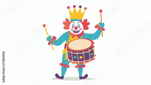 Cartoon happy clown playing the drum Flat vector isolated