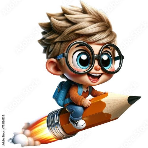An exuberant cartoon boy with oversized glasses rides a giant rocket-powered pencil, suggesting imagination and creativity