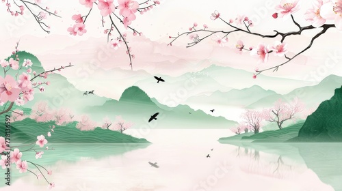Springtime brings peach flowers, swallows flying, and green mountains and rivers.