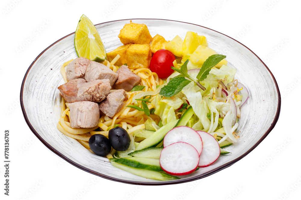 Noodles with tuna and vegetables on a white background. Isolated Noodles with tuna and vegetables on a white background. Isolated