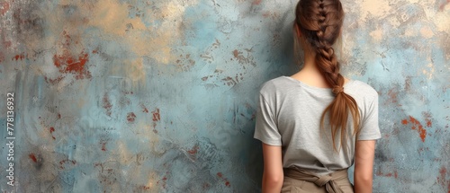 a woman standing in front of a blue wall with a fishtail braid in it's long red hair.