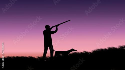 Hunting scene, hunter with dog shooting into the sky, flat color illustration