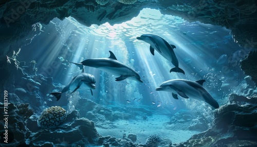 A flock of dolphins underwater amidst the glare of sunlight generated AI