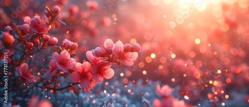 a close up of pink flowers on a tree branch with the sun shining in the background and blurry in the foreground.