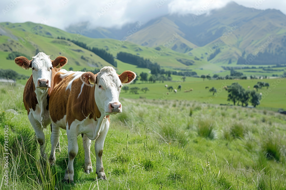 Milk cows standing on green field Milk cows standing on green field