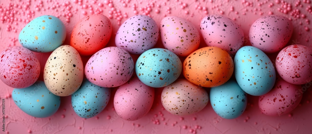 a group of painted eggs sitting on top of a pink surface with sprinkles on the top of them.