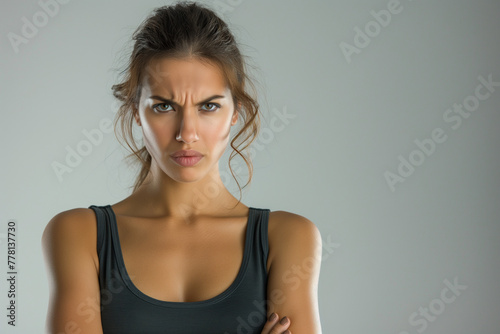 Angry woman in a confrontational stance, strong body language with crossed arms, simple background photo