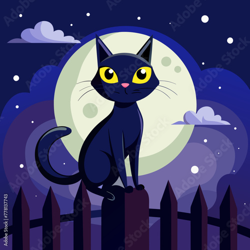 Whimsical portrait of a mischievous black cat perched atop a moonlit fence, with its tail swishing in the cool night air