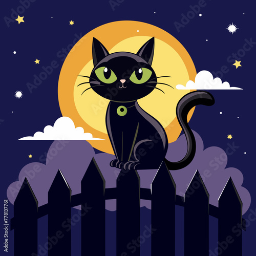 Whimsical portrait of a mischievous black cat perched atop a moonlit fence, with its tail swishing in the cool night air