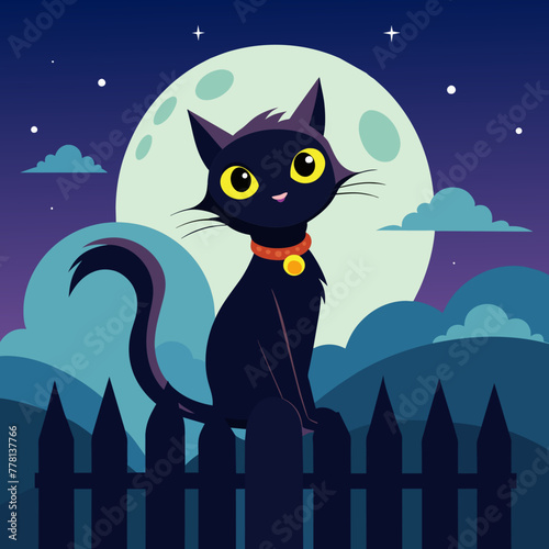 Whimsical portrait of a mischievous black cat perched atop a moonlit fence  with its tail swishing in the cool night air