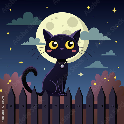 Whimsical portrait of a mischievous black cat perched atop a moonlit fence, with its tail swishing in the cool night air