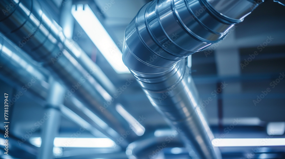 Close-up of a modern ventilation system in a commercial building, focusing on the air ducts and vents, industrial and functional design Close-up of a modern ventilation system in a commercial building, focusing on the air ducts and vents, industrial and functional design