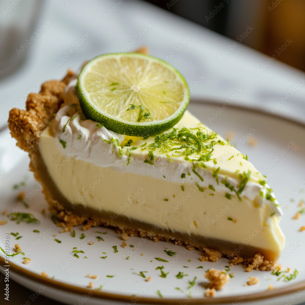 Close-up of a slice of key lime pie on a plate, detailed view of the creamy texture and lime garnish, bright and appetizing setting Close-up of a slice of key lime pie on a plate, detailed view of the creamy texture and lime garnish, bright and appetizing setting