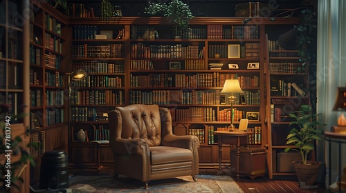 A cozy reading nook in a retro living room, featuring a plush armchair, a floor-to-ceiling bookshelf filled with vintage books, and a soft reading light overhead
