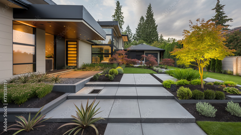 Modern House with Designer Landscaping, Evening Ambiance. Modern Front Yard with Minimalist Landscaping