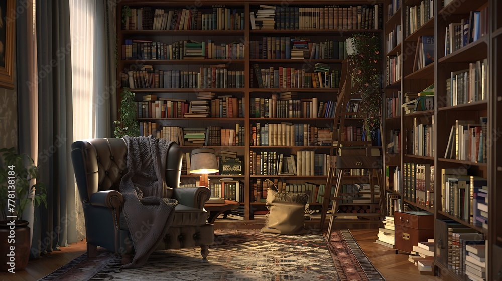 A cozy reading nook in a retro living room, featuring a plush armchair, a floor-to-ceiling bookshelf filled with vintage books, and a soft reading light overhead - obrazy, fototapety, plakaty 