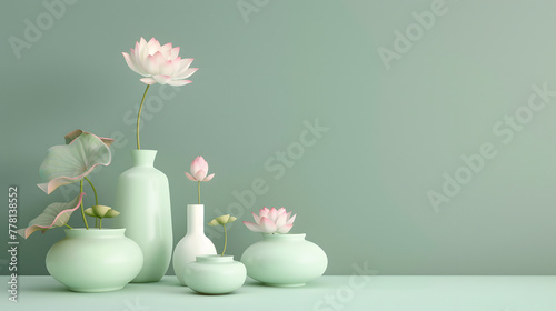 Wallpaper Mural 3D rendering of a green background with pastel vases and lotus flowers. Minimalist interior design concept for home decoration Torontodigital.ca