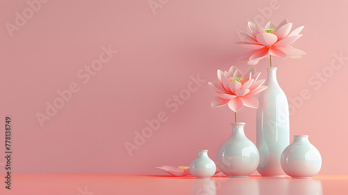3D rendering of a pink background with pastel vases and lotus flowers. Minimalist interior design concept for home decoration