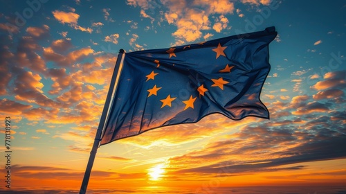 European Flag Flying Before Sunset
