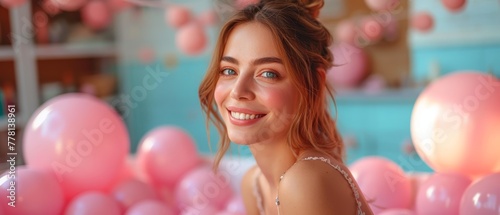a woman in a white dress sitting in front of a bunch of pink balloons with a smile on her face.