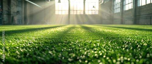 green artificial grass field indoors