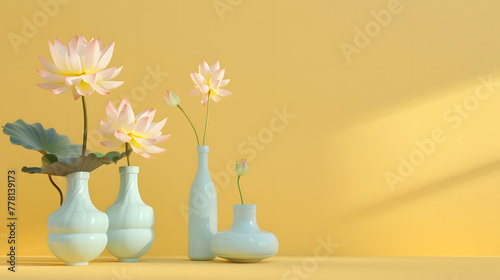 3D rendering of a yellow background with pastel vases and lotus flowers. Minimalist interior design concept for home decoration