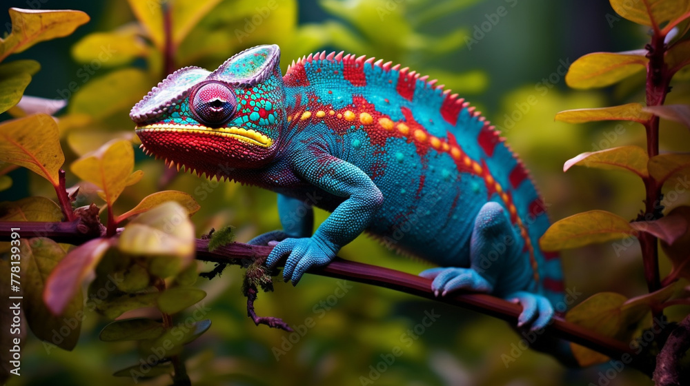 Obraz premium The vivid hues of a chameleon, dynamically altering its coloration to blend with its surroundings.